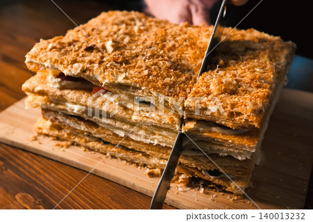 Puff pastry pie with cream and strawberry fruit Puff pastry pie with cream and strawberry fruit 140013232