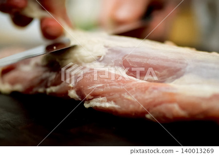 Cutting piece of pork meat on the table. Raw pork. Cutting piece of pork meat on the table. Raw pork. 140013269
