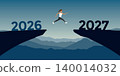 woman jumping over a cliff from 2026 to 2027 vector illustration 140014032