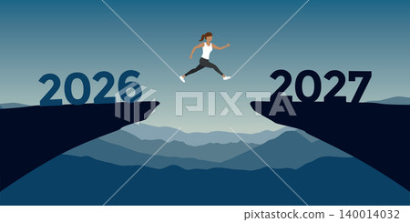 woman jumping over a cliff from 2026 to 2027 vector illustration woman jumping over a cliff from 2026 to 2027 vector illustration 140014032