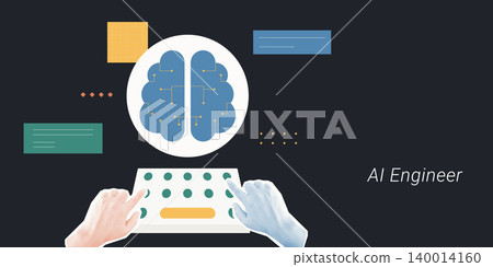 Trendy Halftone Collage of two halftone hands typing on a keyboard with a circuit brain and data panels, symbolizing AI engineering and machine learning, ideal for technology and innovation content. 140014160