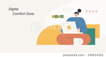 Flat design of a relaxed character working on a laptop at a desk with star rating and geometric shapes, symbolizing digital comfort zone and productivity, ideal for remote work and lifestyle content. 140014162