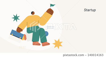 Flat design of a confident character riding a rocket while holding a flag with star burst elements, symbolizing startup launch and entrepreneurial ambition, ideal for business and innovation content. Flat design of a confident character riding a rocket while holding a flag with star burst elements, symbolizing startup launch and entrepreneurial ambition, ideal for business and innovation content. 140014163