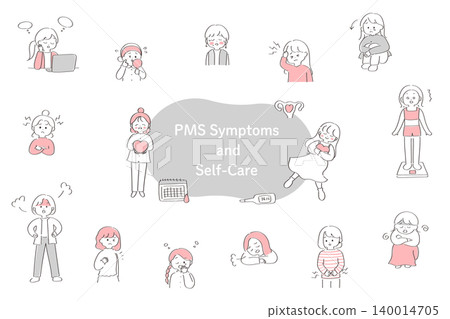 A set of cute, hand-drawn illustrations of women suffering from PMS and self-care. A set of cute, hand-drawn illustrations of women suffering from PMS and self-care. 140014705