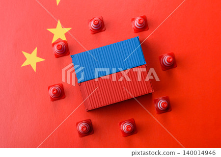The cargo container ban on the China flag as a conceptual backdrop. The cargo container embargo The cargo container ban on the China flag as a conceptual backdrop. The cargo container embargo 140014946