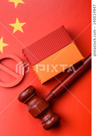 The cargo container ban on the China flag as a conceptual backdrop. The cargo container embargo 140014947