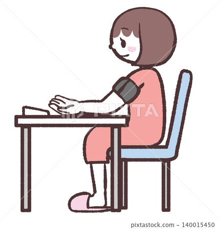 側視圖,描繪了一位女士測量血壓的情景。 側視圖,描繪了一位女士測量血壓的情景。 140015450