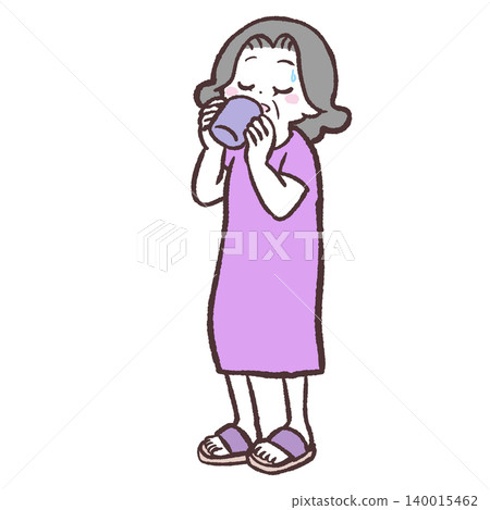 一幅老婦人用杯子喝水的插圖。 一幅老婦人用杯子喝水的插圖。 140015462