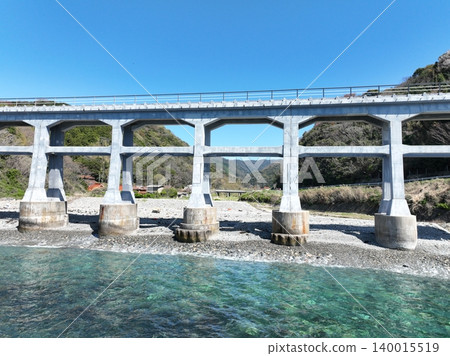 Sōgōgawa Bridge, a reinforced concrete bridge along the Sea of Japan coast, aerial footage, San'in Main Line Sōgōgawa Bridge, a reinforced concrete bridge along the Sea of Japan coast, aerial footage, San'in Main Line 140015519