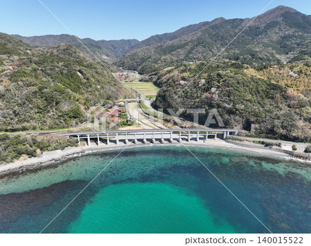 Sōgōgawa Bridge, a reinforced concrete bridge along the Sea of Japan coast, aerial footage, San'in Main Line Sōgōgawa Bridge, a reinforced concrete bridge along the Sea of Japan coast, aerial footage, San'in Main Line 140015522
