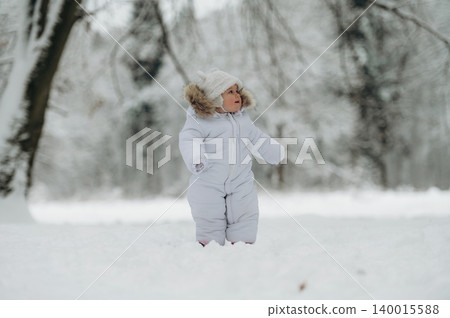 Child in white snowsuit with fur-lined hood stands in snowy landscape, surrounded by trees, enjoying winter wonderland, capturing the essence of childhood joy and exploration Child in white snowsuit with fur-lined hood stands in snowy landscape, surrounded by trees, enjoying winter wonderland, capturing the essence of childhood joy and exploration 140015588