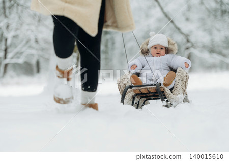 Infant in cozy winter attire is being pulled on a sled through a snowy landscape by an adult, showcasing a joyful outdoor experience in a winter wonderland 140015610