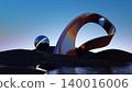 3D render, Surreal metallic arch and glass sphere on dark dunes with calm water and blue sky 140016006