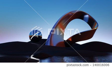 3D render, Surreal metallic arch and glass sphere on dark dunes with calm water and blue sky 3D render, Surreal metallic arch and glass sphere on dark dunes with calm water and blue sky 140016006