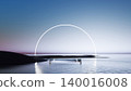 3D render, Minimal glowing arch over calm water with futuristic platform in surreal landscape 140016008