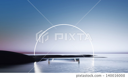 3D render, Minimal glowing arch over calm water with futuristic platform in surreal landscape 140016008