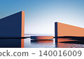 3D render, Minimal geometric architecture over calm water with blue sky and surreal reflection landscape 140016009