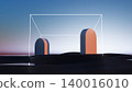 3D render, Minimal abstract arches with glowing geometric frame in surreal blue landscape scene 140016010