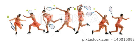 Orange tennis dress action sequence with female player swinging racket on white. Banner 140016092
