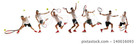 White tennis outfit action sequence with male player lunging and serving. White tennis outfit action sequence with male player lunging and serving. 140016093
