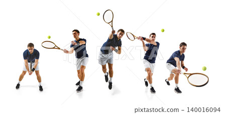 Navy tennis player motion sequence with racket swings and ball trajectory. Navy tennis player motion sequence with racket swings and ball trajectory. 140016094