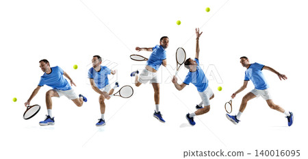 Blue tennis player action sequence with multiple shots and flying balls on white. 140016095