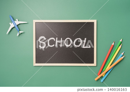 School education background pencils airplane chalkboard School education background pencils airplane chalkboard 140016163