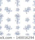 Blue Floral Line Art Seamless Pattern. Minimalist Daisy Flowers on White Background. Outline Simple Hand Drawn Botanical Texture for Stationery and Fabric Design. Vector illustration 140016294