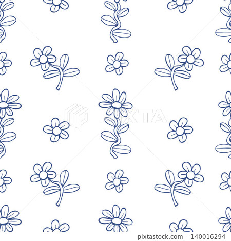 Blue Floral Line Art Seamless Pattern. Minimalist Daisy Flowers on White Background. Outline Simple Hand Drawn Botanical Texture for Stationery and Fabric Design. Vector illustration Blue Floral Line Art Seamless Pattern. Minimalist Daisy Flowers on White Background. Outline Simple Hand Drawn Botanical Texture for Stationery and Fabric Design. Vector illustration 140016294