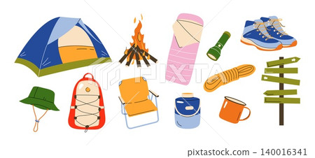 Camping and hiking equipment flat vector illustration set isolated on white background Camping and hiking equipment flat vector illustration set isolated on white background 140016341