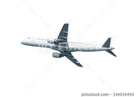 Modern passenger jet plane flying isolated on white background Modern passenger jet plane flying isolated on white background 140016450