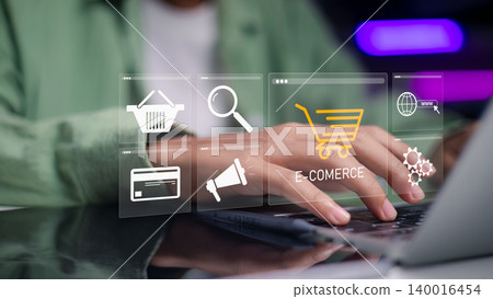 Entrepreneur using Laptop for E-commerce Business and Online Shopping Marketing 140016454