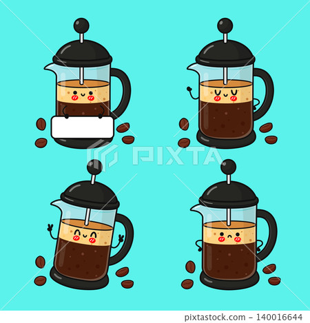 Cute French press coffee character set 140016644