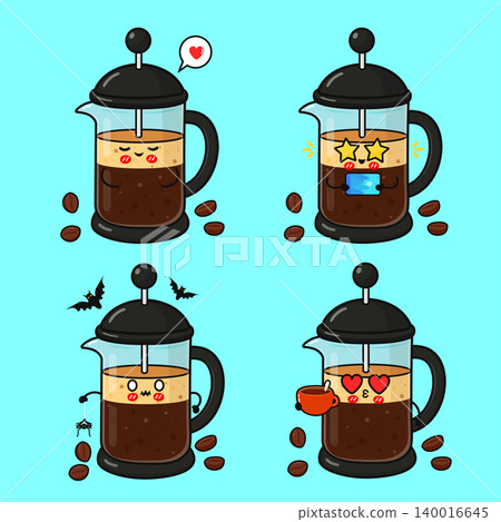 Cute french press coffee cartoon characters expressing emotions Cute french press coffee cartoon characters expressing emotions 140016645