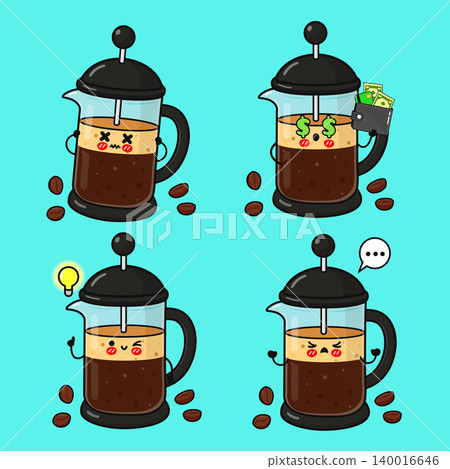 French press cartoon character showing various emotions French press cartoon character showing various emotions 140016646
