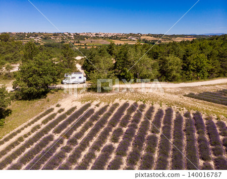 Caravan at lavender field, Provence in France. Aerial view 140016787