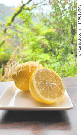 Against a backdrop of fresh greenery, vibrant lemons (whole and sliced) are arranged on a white plate. Against a backdrop of fresh greenery, vibrant lemons (whole and sliced) are arranged on a white plate. 140016845