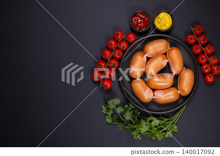 Raw mini sausages with fresh cherry tomatoes and sauces 140017092