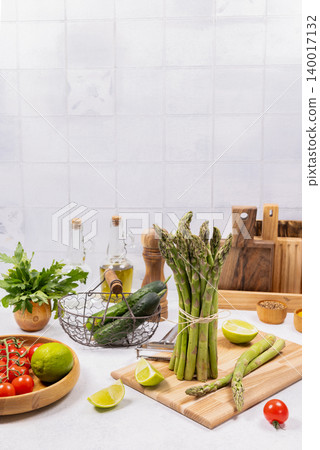 Fresh asparagus bundle and vegetables for healthy cooking 140017132