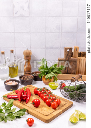 Fresh vegetables and spices preparing healthy cooking ingredients Fresh vegetables and spices preparing healthy cooking ingredients 140017137