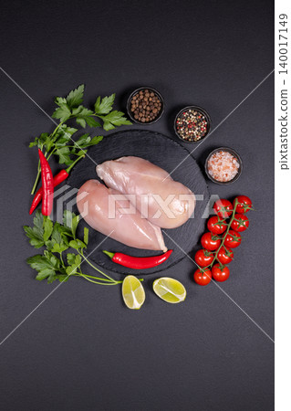 Raw chicken breasts preparing with fresh spices and vegetables Raw chicken breasts preparing with fresh spices and vegetables 140017149