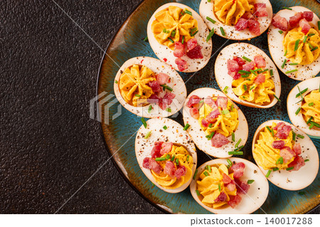 Spicy, stuffed ramen eggs, with bacon and green onions, homemade, no people, Spicy, stuffed ramen eggs, with bacon and green onions, homemade, no people, 140017288