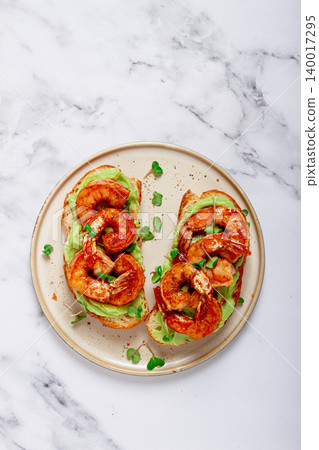 sandwiches with avocado and caramelized shrimp, micro-greens, breakfast, on a plate, top view, homemade, no people, sandwiches with avocado and caramelized shrimp, micro-greens, breakfast, on a plate, top view, homemade, no people, 140017295
