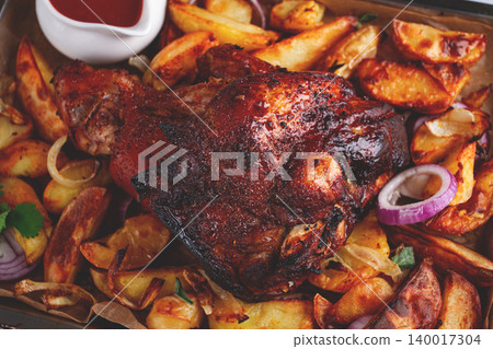 Baked pork knuckle, with potato slices, on a tray, with red sauce, homemade, no people, Baked pork knuckle, with potato slices, on a tray, with red sauce, homemade, no people, 140017304