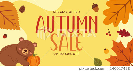 Cute Autumn Sale Banner with Sleeping Bear Pumpkin and Fall Leaves Vector Illustration Cute Autumn Sale Banner with Sleeping Bear Pumpkin and Fall Leaves Vector Illustration 140017458