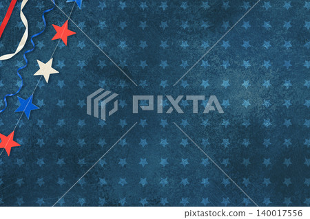 Patriotic USA Background with Stars and Ribbons on Blue Grunge Texture 140017556