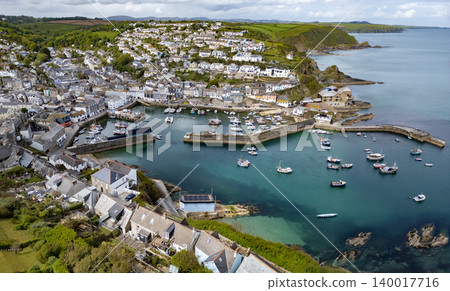 Aerial views of the harbor in the coastal village Mevagissey in Cornwall, United Kingdom Aerial views of the harbor in the coastal village Mevagissey in Cornwall, United Kingdom 140017716