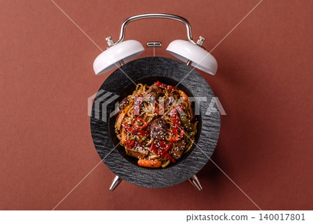 Food, Chinese or Japanese noodles with meat, vegetables, and spices. Noodles with beef or chicken Food, Chinese or Japanese noodles with meat, vegetables, and spices. Noodles with beef or chicken 140017801