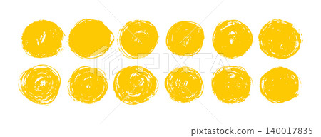 Set of yellow circular stamps. Japanese rising sun. Hand drawn squiggles and grunge brush strokes. Ink splash and grainy texture for retro asian design element 140017835