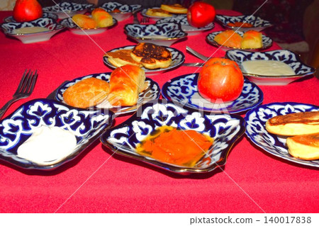 Enjoying a Central Asian breakfast at a guesthouse in Khiva 140017838